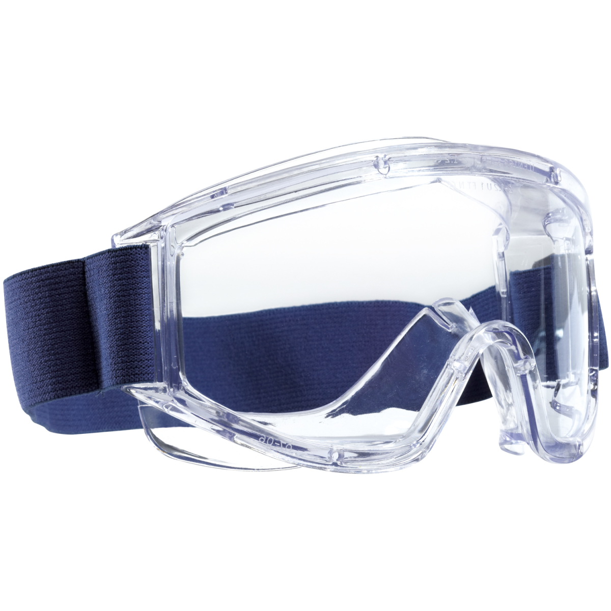vollsichtschutzbrille mit transparentem rahmen und blauem breiten gummiband