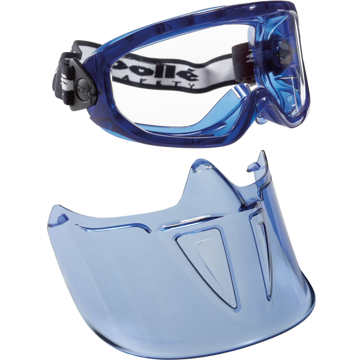 vollsichtschutzbrille mit blauem rahmen und weißem gummiband mit aufdruck mit passendem gesichtschutz