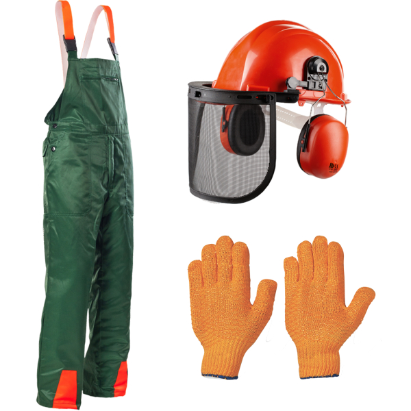 3tlg Forstschutz Set Latzhose Helm Handschuhe