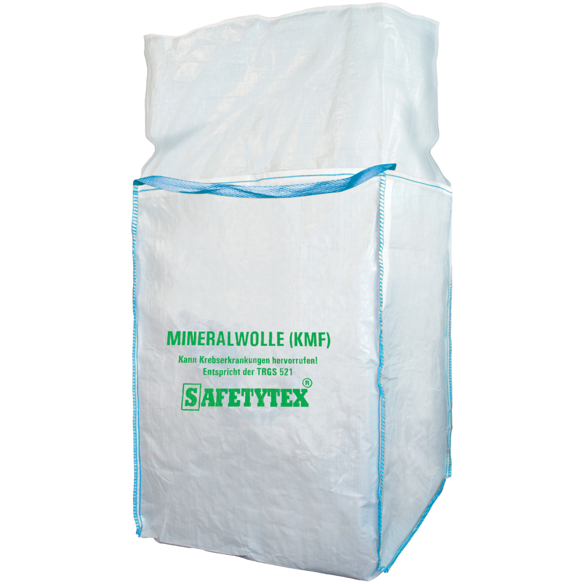 weißer mineralwolle sack mit blauer umrandung und grunem aufdruck
