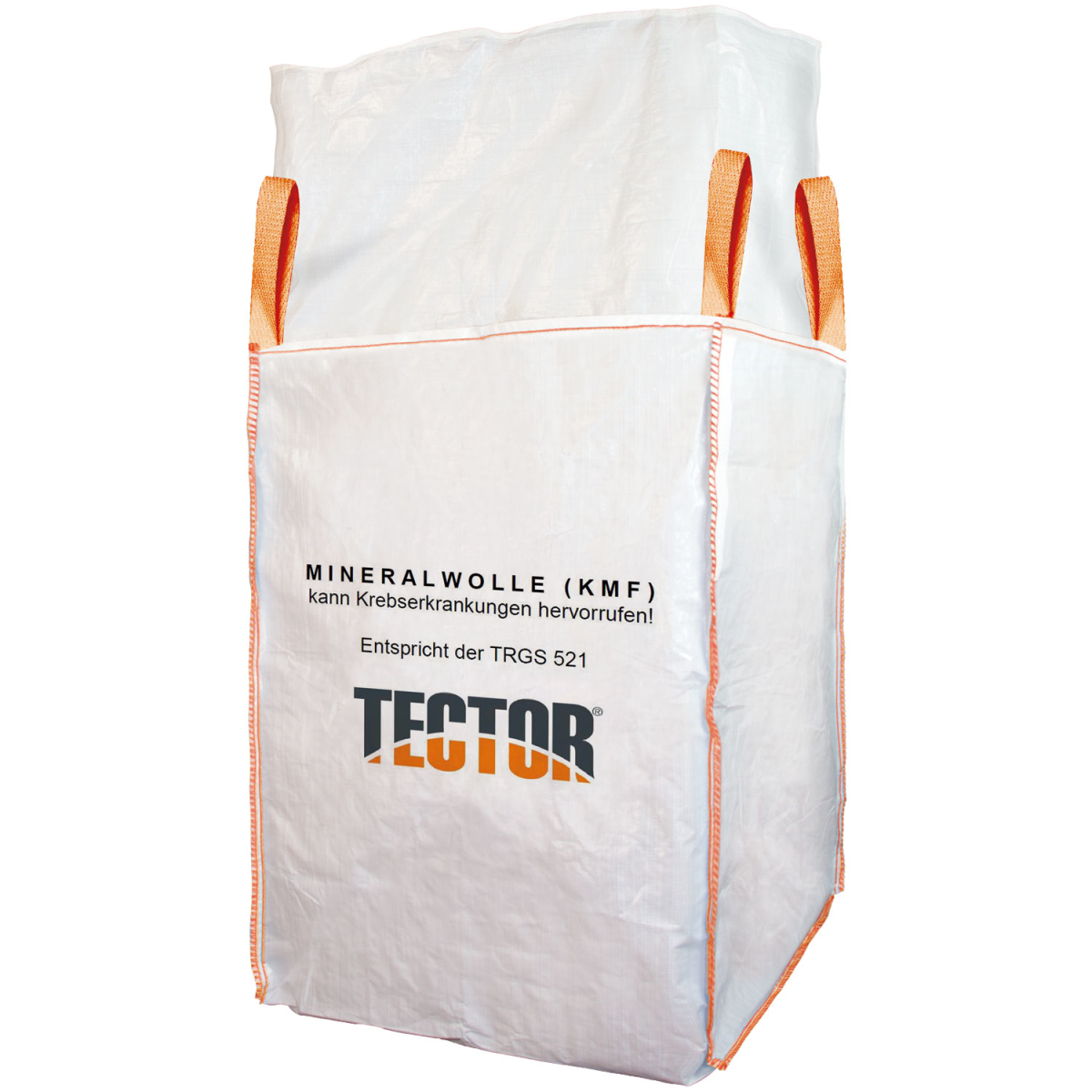 weißer mineralwolle big bag sack mit vier hebeschlaufen in orange und schwarzem aufdruck