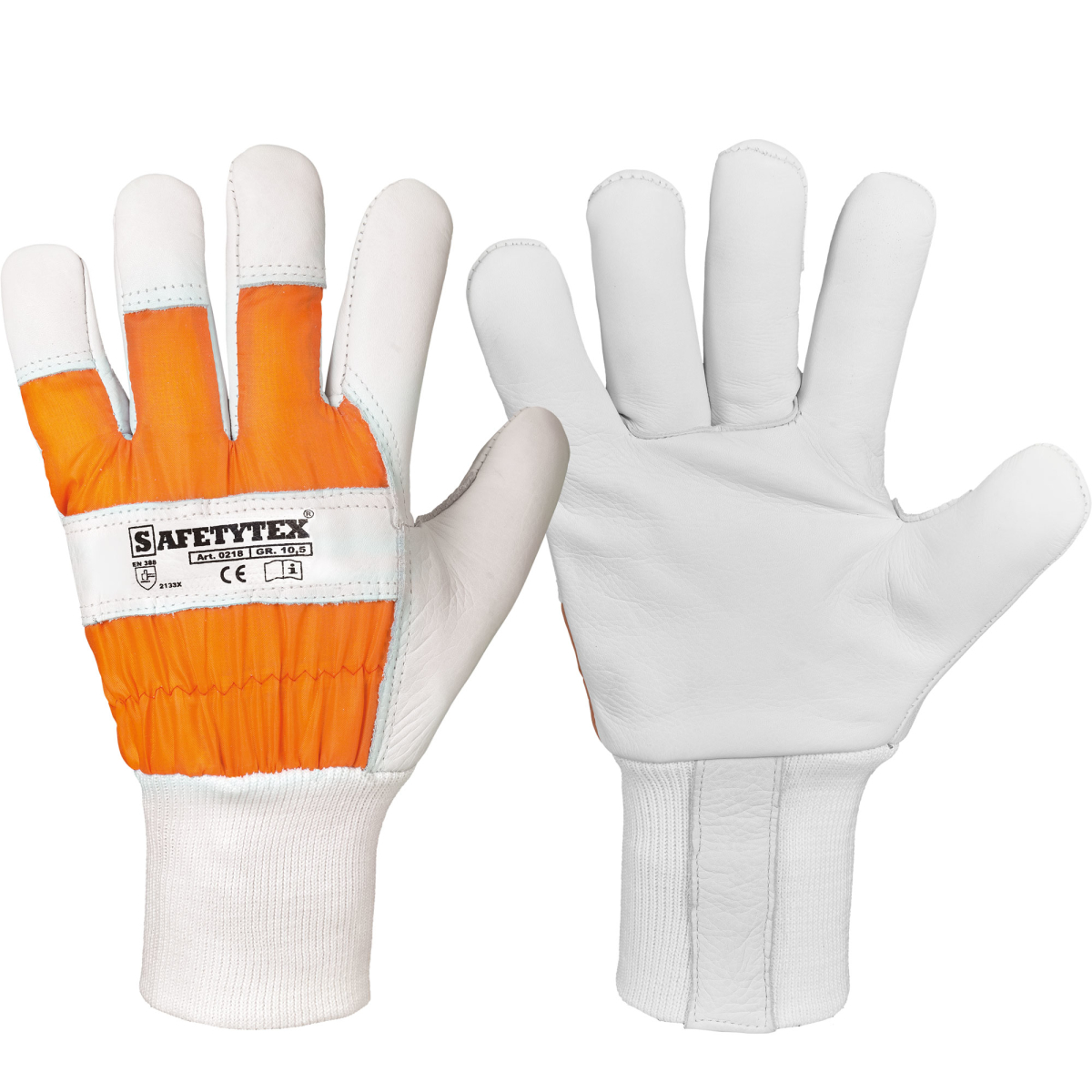 forstschutzhandschuhe aus echtem ledr in weiß mit orangem handruecken 