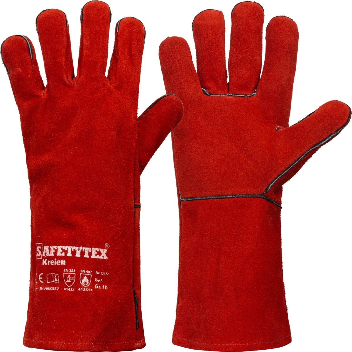 rote schweißer arbeitshandschuhe aus leder mit safetytex aufdruck