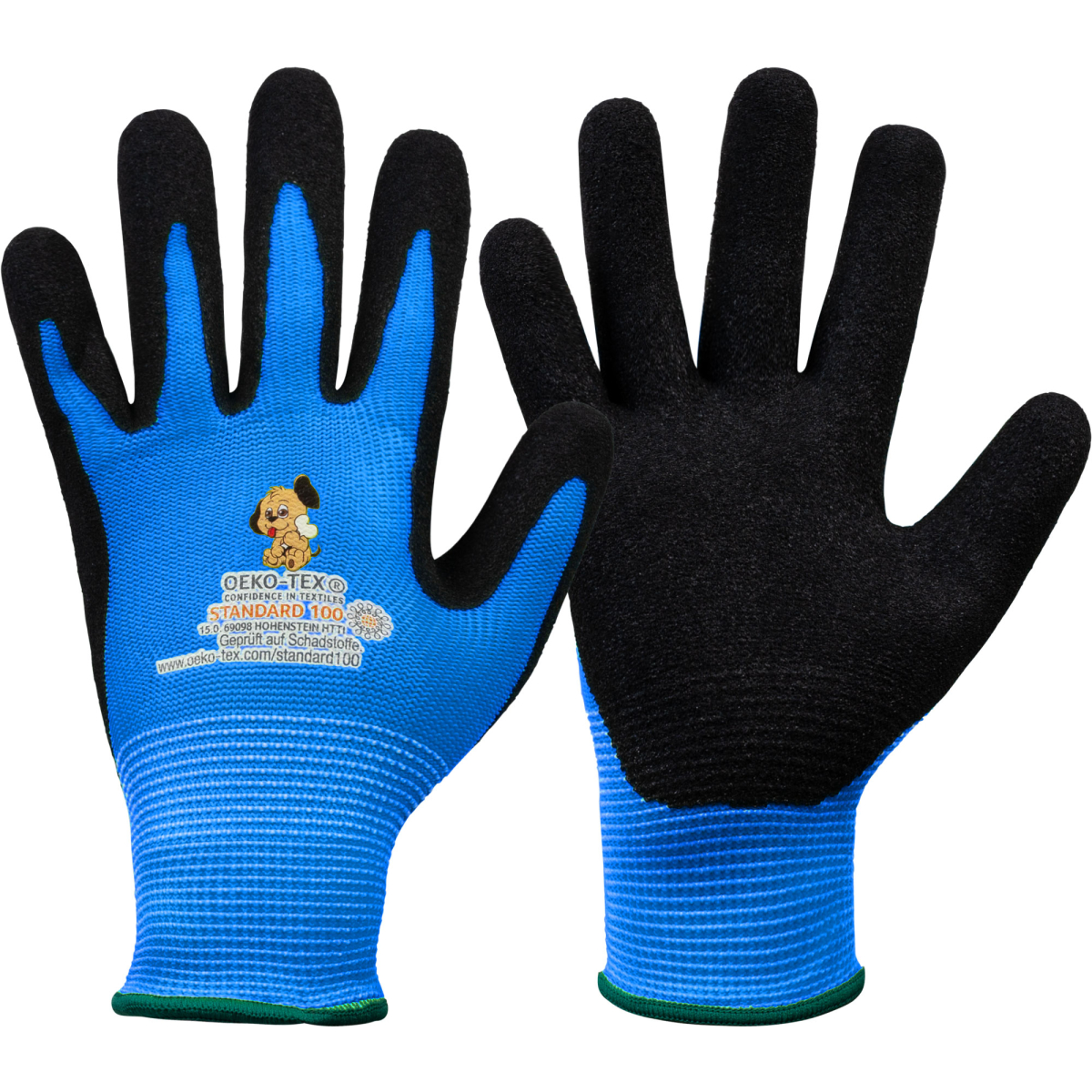 blaue kindehandschuhe mit schwarzer gummi handinnenflaeche