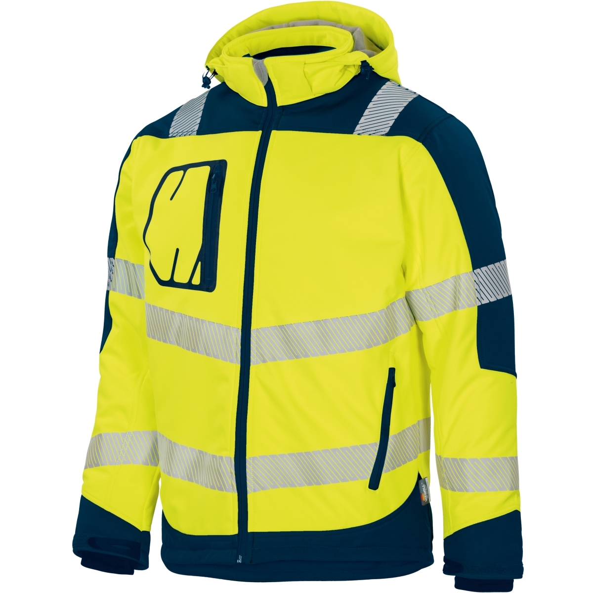 arbeitskleidung warnschutz winter softshelljack in leutendem gelb mit marine blauen schullter akzenten von leibwächter 