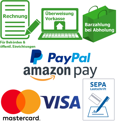 Zahlungsmöglichkeiten Paypal Amazonpay Vorkasse SEPA Lastschrift Barzhalung bei Abholung Rechnungskauf